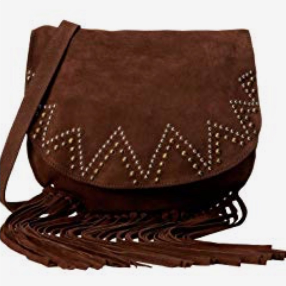 LeatherRock brwn suede x-body bag studs & fringing